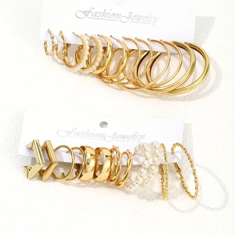 12-Pairs: Gold Hoop Earrings with Faux Pearl Decor Set