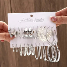 12-Pairs: Gold Hoop Earrings with Faux Pearl Decor Set
