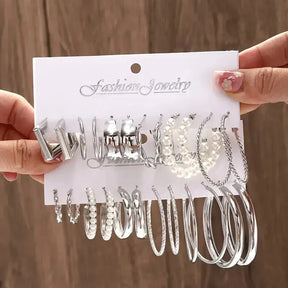 12-Pairs: Gold Hoop Earrings with Faux Pearl Decor Set