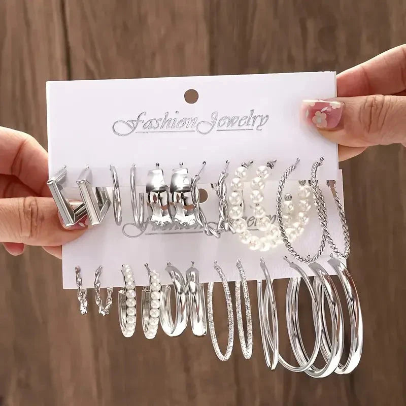 12-Pairs: Gold Hoop Earrings with Faux Pearl Decor Set