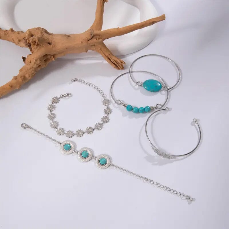 5-Piece Set: Retro Turquoise Inlaid Bracelet