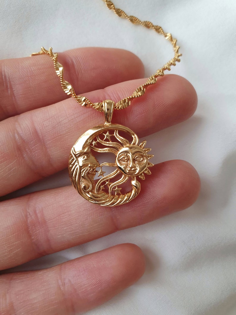 Sun and Moon Vintage Style 18k Gold Plated Necklace
