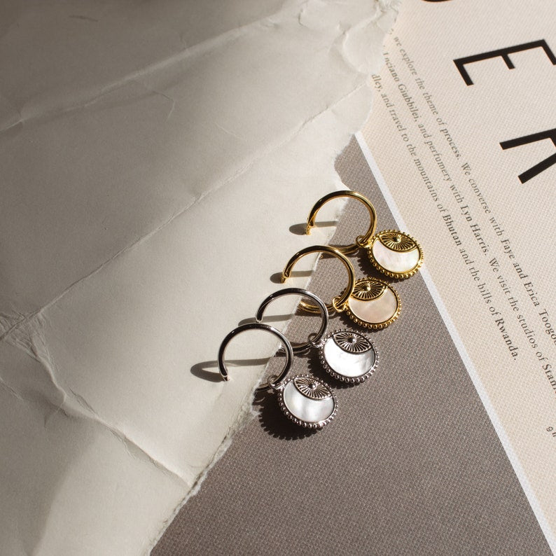Hoop Earrings with Pearl Circle Charm