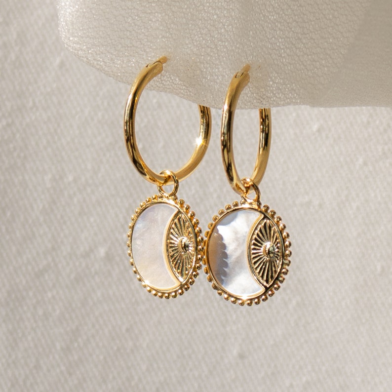 Hoop Earrings with Pearl Circle Charm