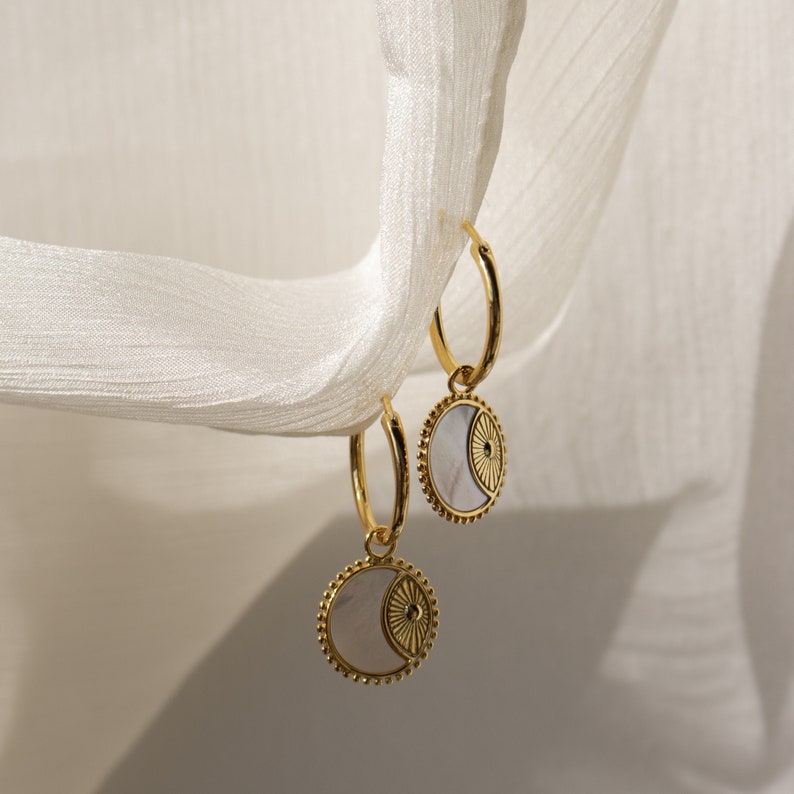Hoop Earrings with Pearl Circle Charm