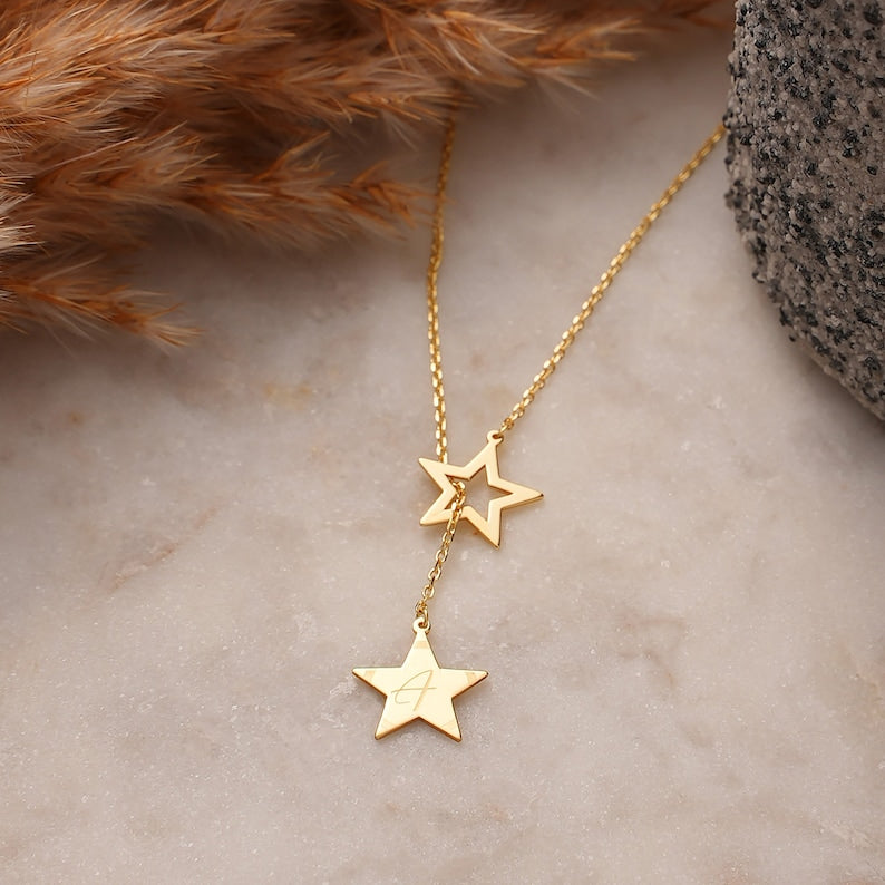 14k Gold Personalized Minimal Initial Star Lariat Necklace