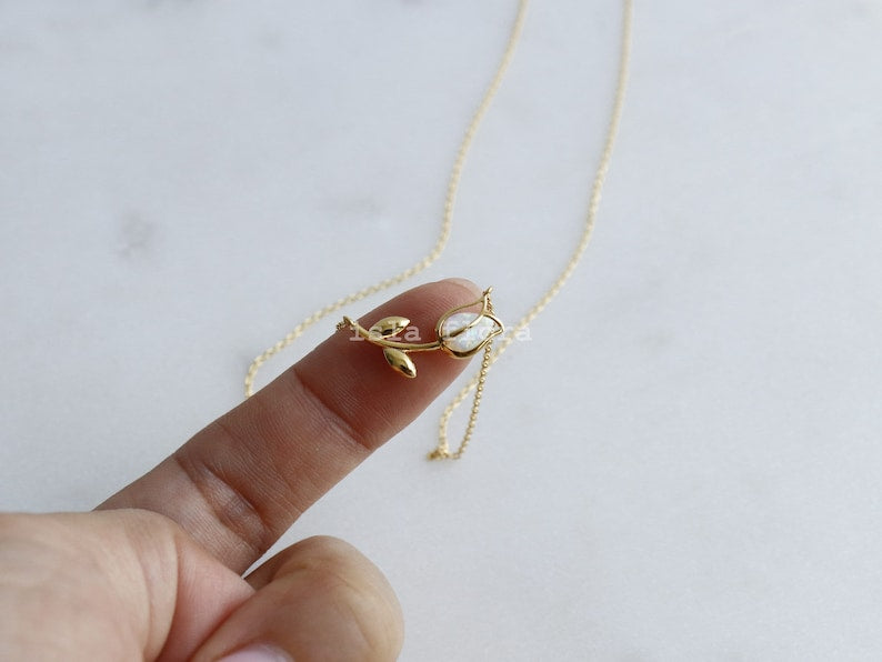 Dainty Encased Opal Tulip Wrap Necklace