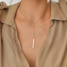 Dainty Gold Circle and Bar Lariat Necklace