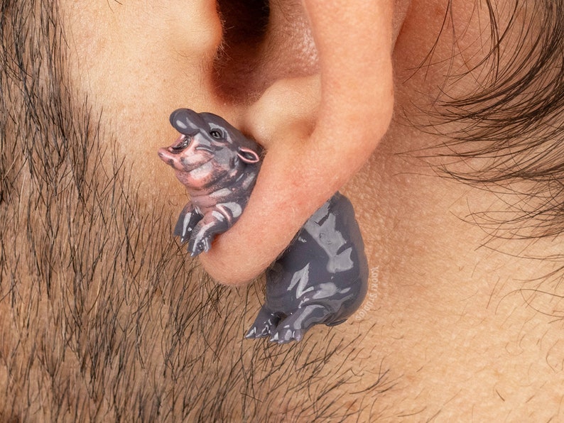 Pygmy Hippo Earrings - Hand Painted 3D Printed