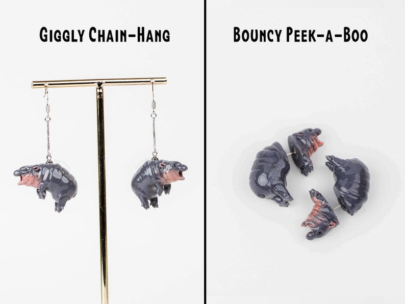 Pygmy Hippo Earrings - Hand Painted 3D Printed