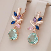 18K Rose Gold Plated Unique Green, Blue, Pink Stone Drop Earrings
