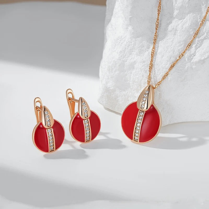 Red Enamel Natural Zircon Pendant Necklace in 18K Rose Gold Plated