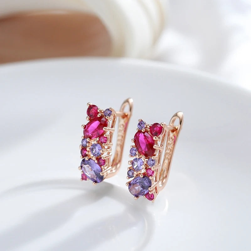 18K Rose Gold Plated Vintage Purple, Red. Pink Natural Zircon Earrings