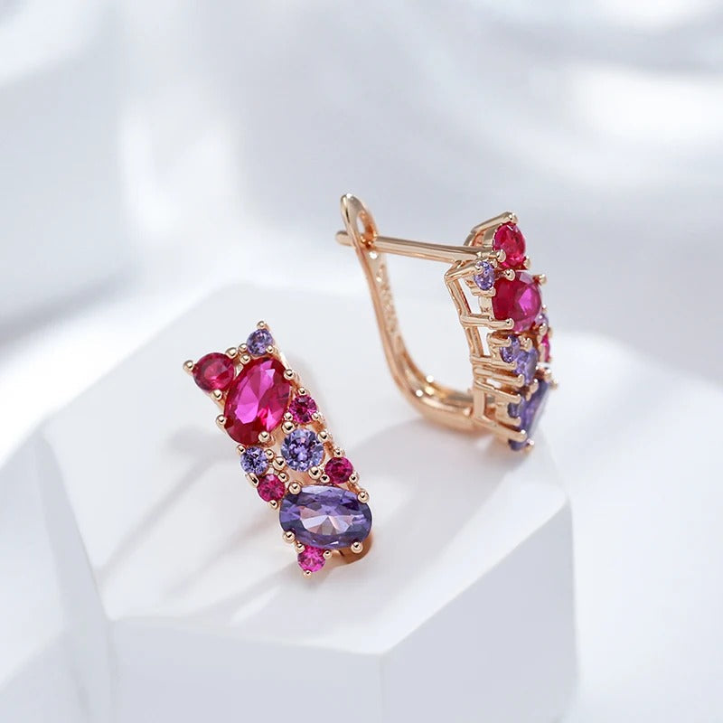 18K Rose Gold Plated Vintage Purple, Red. Pink Natural Zircon Earrings