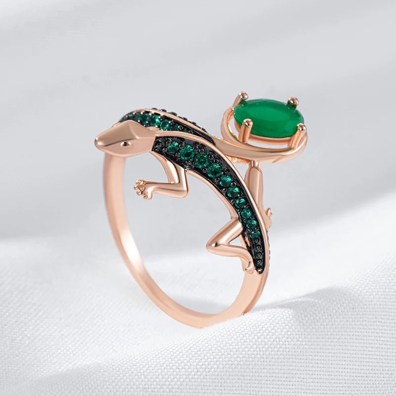 18K Rose Gold Plated Green Natural Zircon Lizard Ring