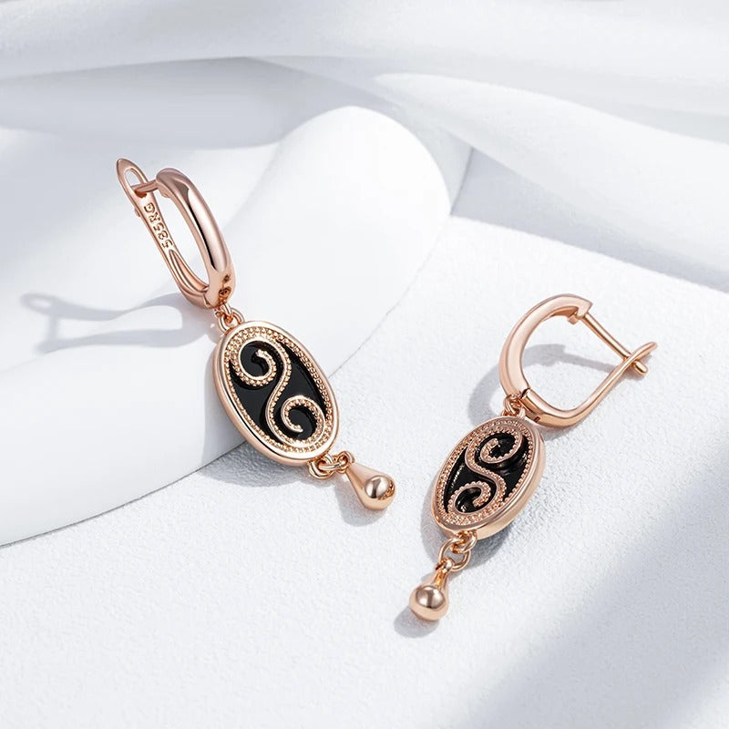 18K Rose Gold Plated Vintage Black Stone Dangle Earrings