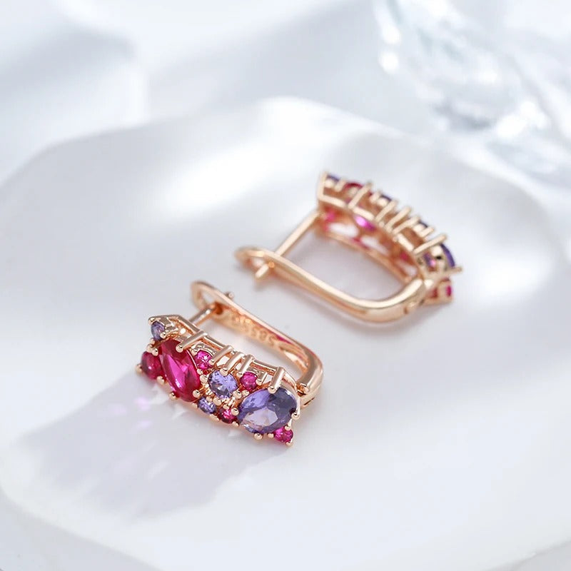 18K Rose Gold Plated Vintage Purple, Red. Pink Natural Zircon Earrings