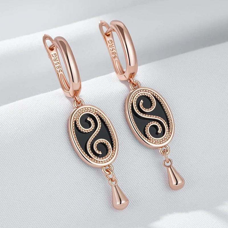 18K Rose Gold Plated Vintage Black Stone Dangle Earrings